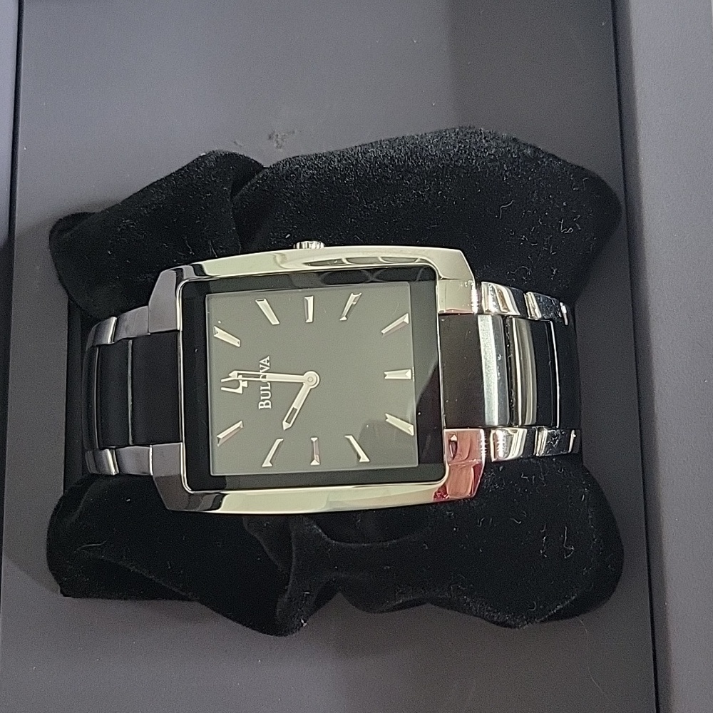 Bulova Men's Black and Silver Rectangular Bracelet Watch